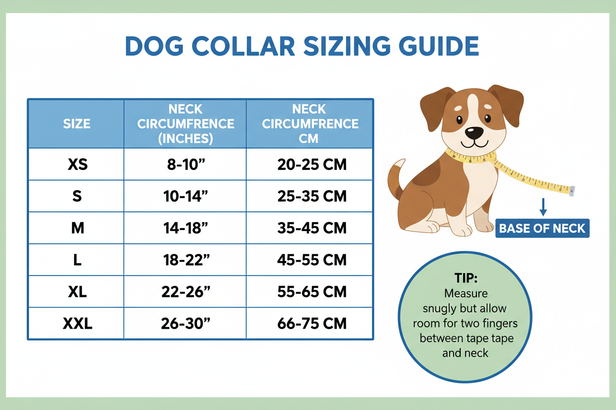 a chart on how to measure a dog's neck from extra small to extra large.