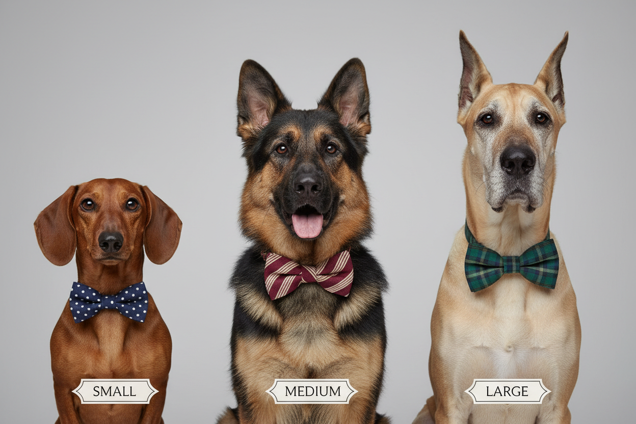 dashsund, shepherd, and great Dane demonstrating small, medium and large bow ties