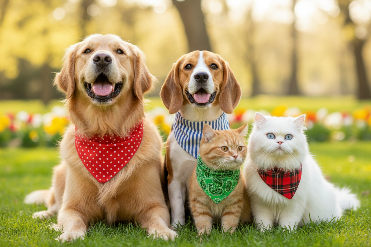 dogs and cats wearing bandannas