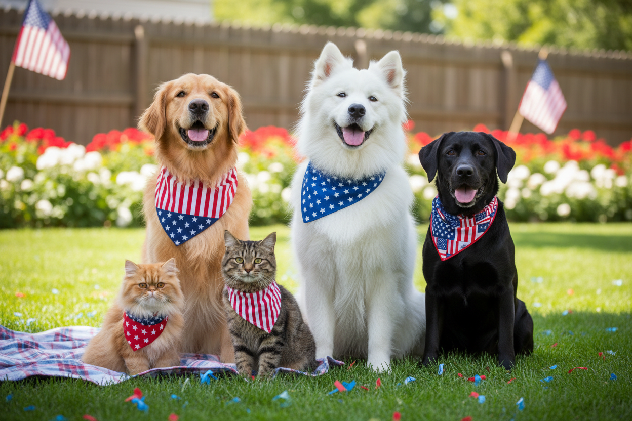 dogs and cats with fourth of july bandannas
