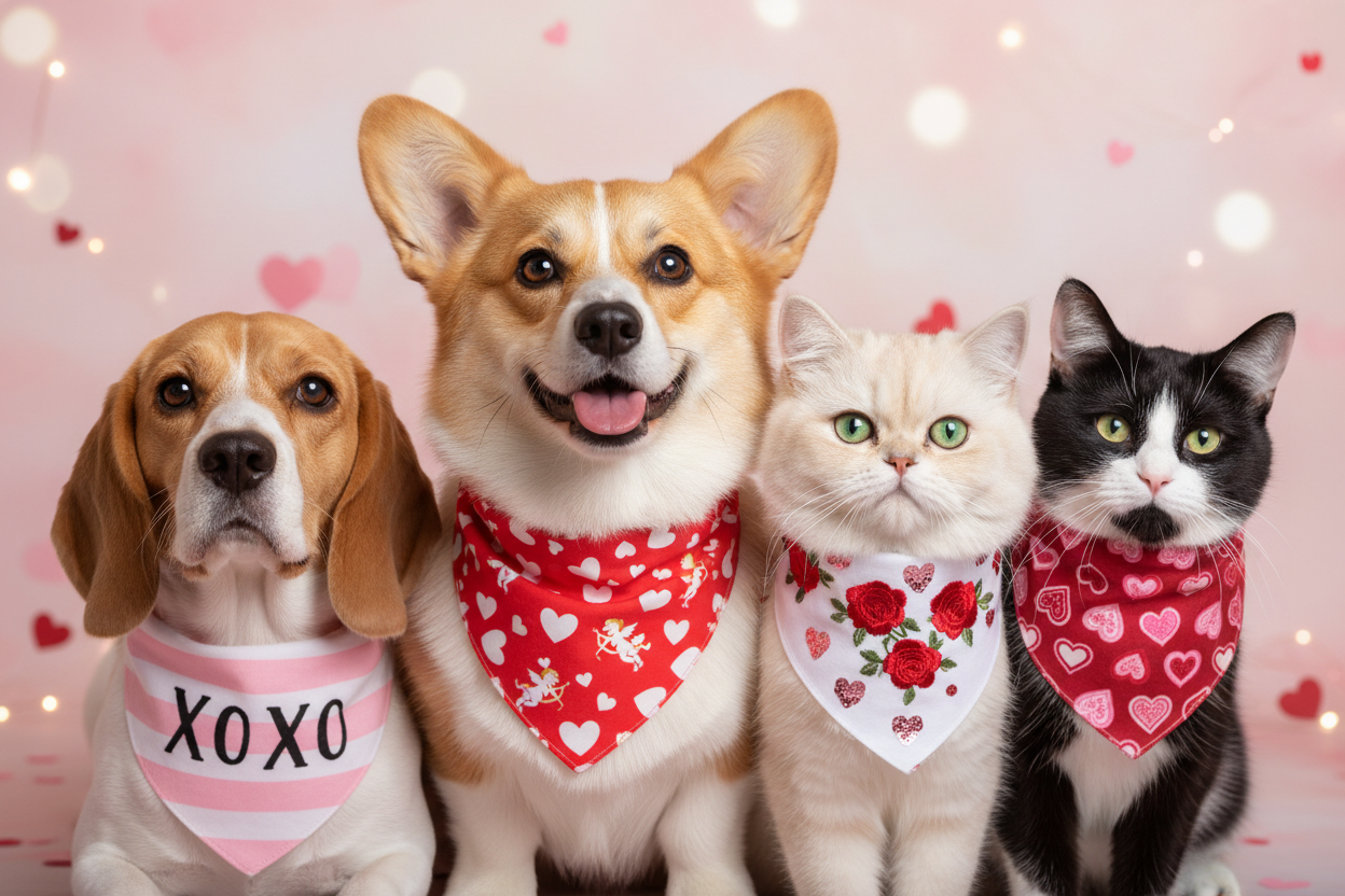 Dogs and cats with valentines bandannas