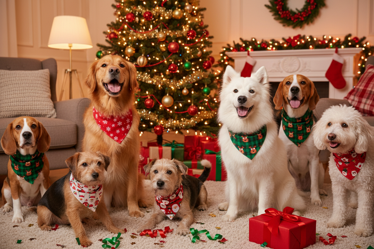 Dogs at christmas with bandanna