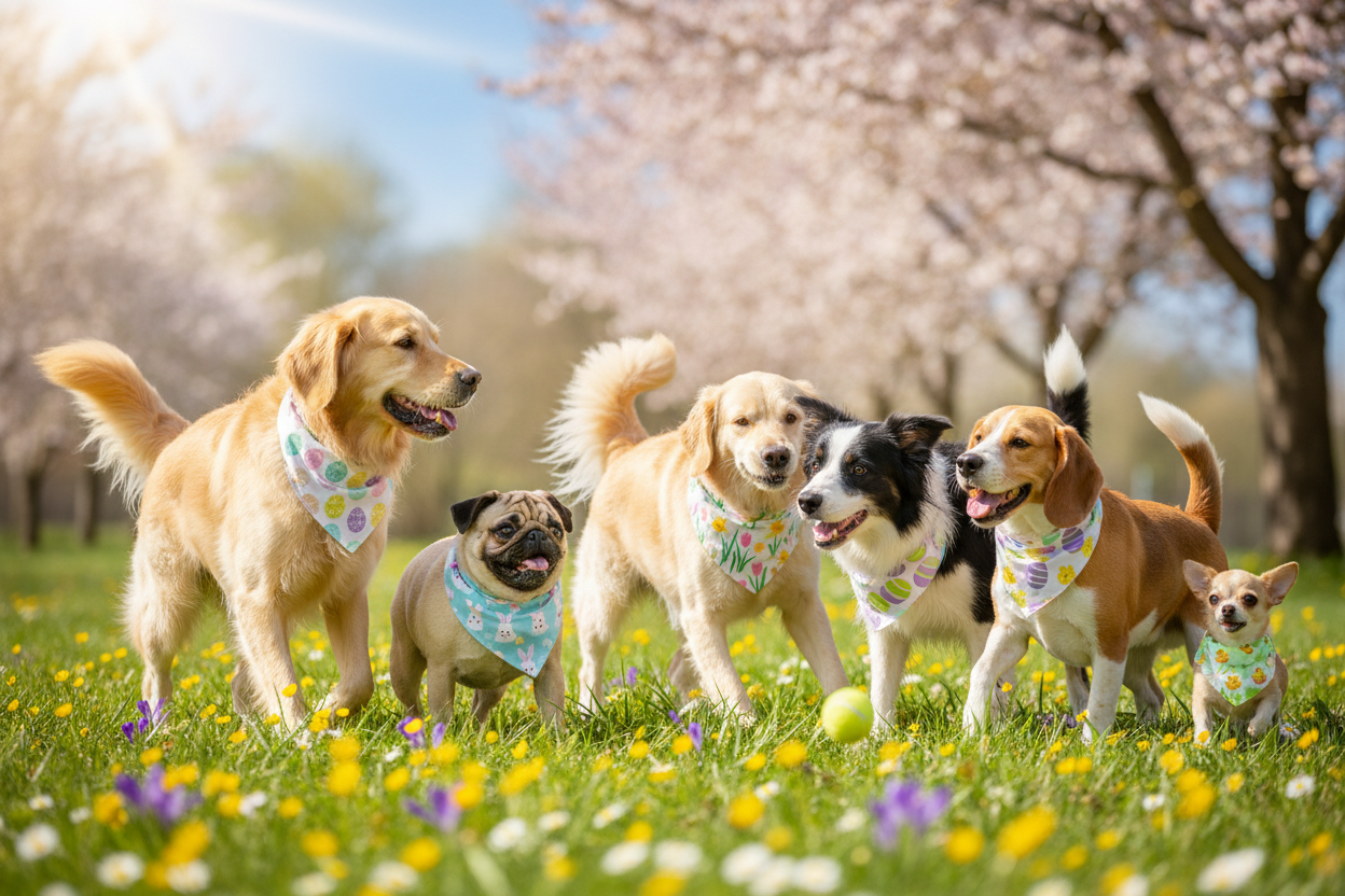 Dogs in easter bandannas playing 
