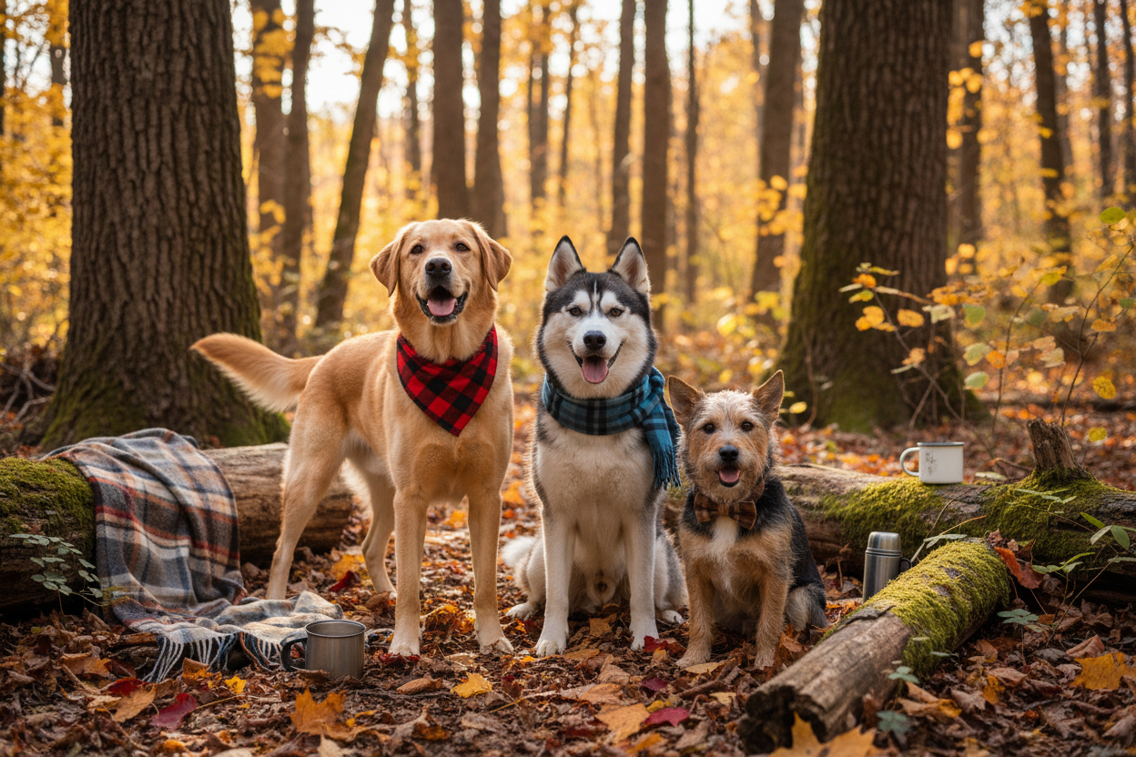Dogs in flannel in the woods