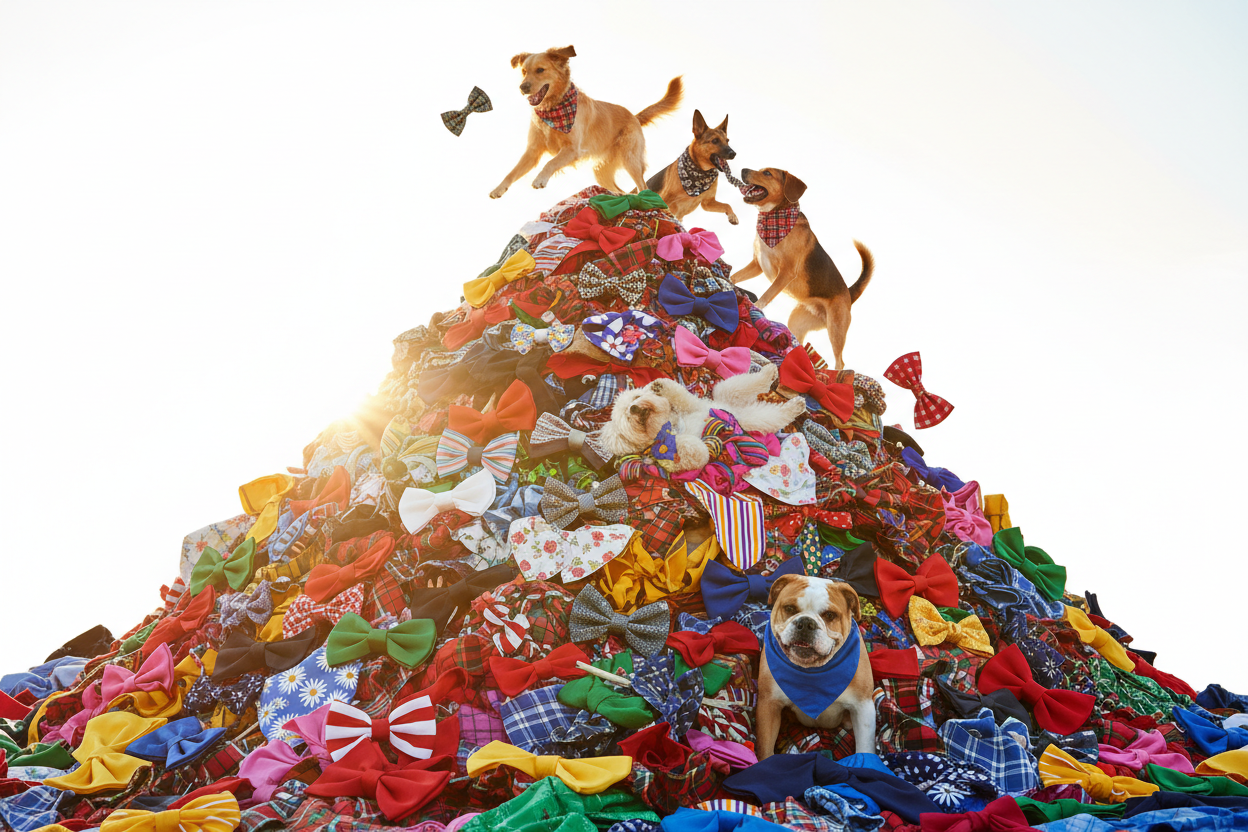 DOGS PLAYING ON A MOUNTAIN OF PET BANDANNAS AND BOW TIES 
