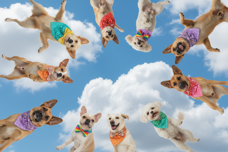 wide shot of dogs with bandanas and bowties falling from the sky